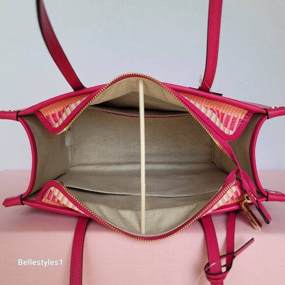 KATE SPADE Market Striped Woven Straw Medium Tote Bag-Wild Raspberry Multi⭐ - Picture 15 of 16